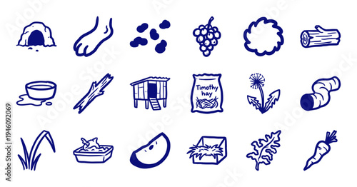 Rabbit care and small pet lifestyle elements in a navy blue hand-drawn doodle style. Rustic marker sketch illustrations for animal welfare and pet ownership branding.