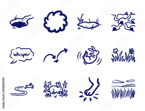 Hand-drawn rabbit life and meadow nature elements for organic branding. Naive blue marker sketch illustrations of burrows, grass, and bunny movements.
