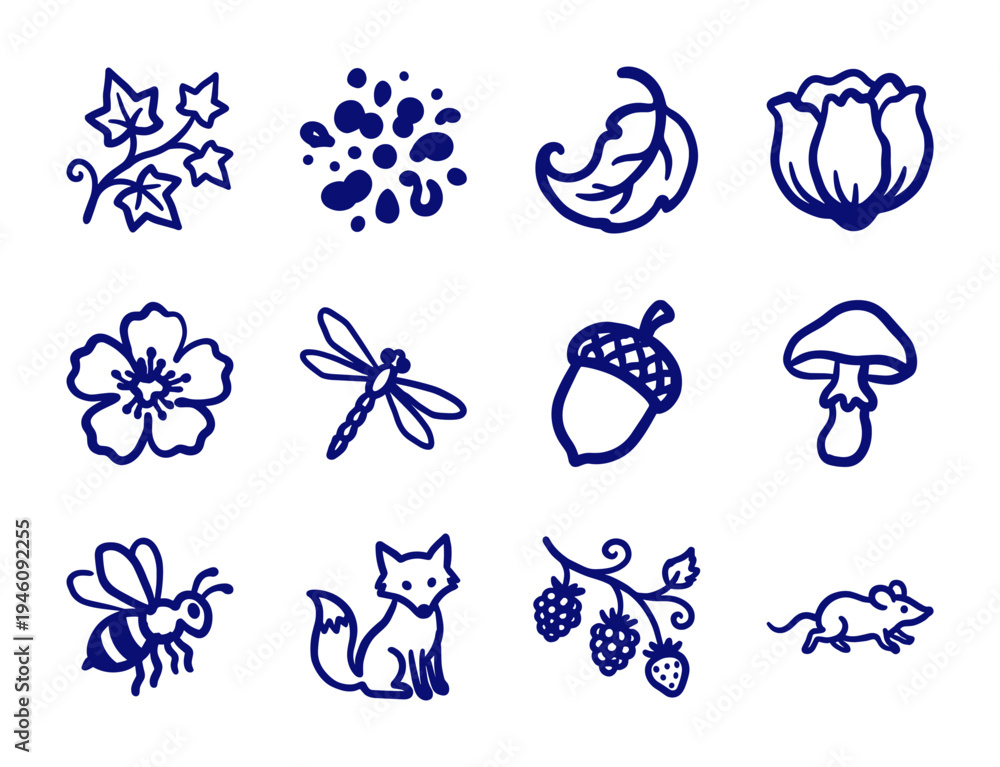 Fototapeta premium Hand-drawn woodland nature elements for organic brand identity. Rustic naive marker sketch illustrations featuring forest flora and fauna concepts.