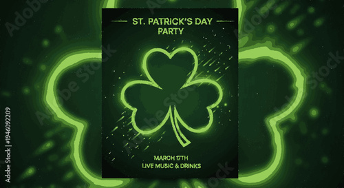 St patrick's day party invitation with neon green shamrock and dark green background