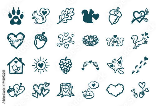 Hand-drawn squirrel and forest elements for woodland brand identity. Rustic, naive marker sketch illustrations featuring acorns, hearts, and nature motifs.