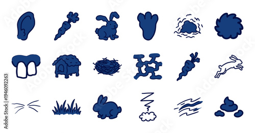 Hand-drawn rabbit and bunny care elements with a naive marker sketch aesthetic. Rustic organic doodle illustrations for pet supply branding and nature concepts.