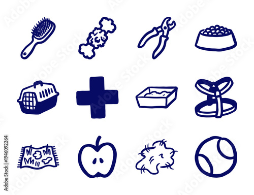 Hand-drawn pet care and veterinary elements in a rustic marker doodle style. Naive blue ink sketches featuring animal grooming and health care.