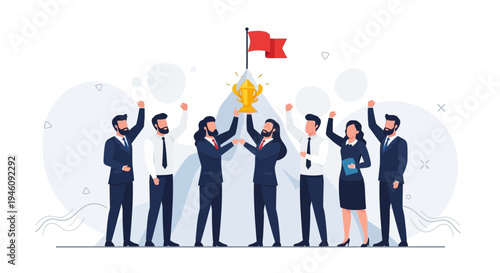 Team celebrating success holding trophy and flag on mountain top