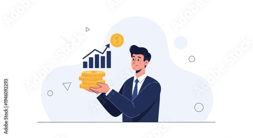 Businessman holding coins and showing financial growth chart with upward arrow