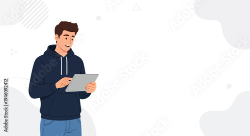 Young Man Using Tablet Computer, Casual Style, Modern Flat Design Background