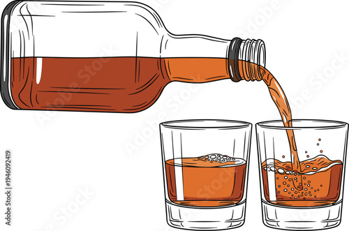 Whiskey bottle pouring golden brown liquor into two glasses with splashes, bubbles, motion, social drinking, bartending, celebration concept