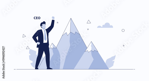 Successful CEO celebrating victory on mountain peak, business success concept