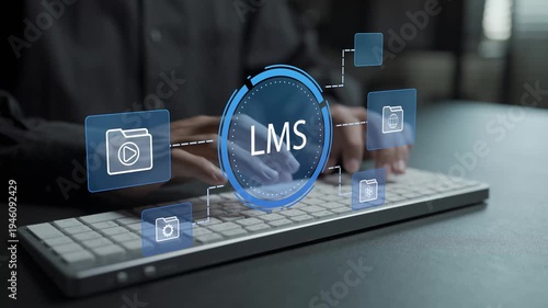 LMS learning management system concept. Person typing keyboard with online course and education icons, digital learning platform, training management and e-learning technology.
