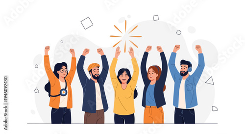 Diverse group of people celebrating success with raised hands, teamwork and achievement concept.