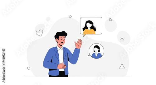 Man waving hello during video call with two women, online communication concept