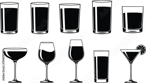 Collection of black and white silhouettes of tumblers, highball glasses, stemware, martini, wine, and margarita glasses filled with dark liquid