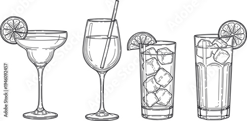 Detailed black and white line art of cocktail glasses with citrus garnish including margarita, wine, highball, and tall beverage glass
