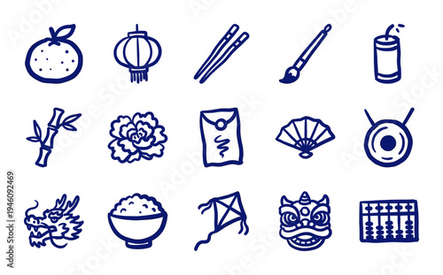 Hand-drawn Chinese New Year and lunar festival elements for cultural branding. Rustic naive marker sketch illustrations of oriental tradition.