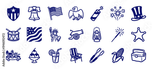 Fourth of July American Independence Day patriotic doodles for organic brand identity. Rustic naive marker sketch illustrations featuring summer celebration concepts.