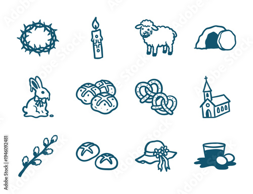 Hand-drawn Easter and Lenten symbols with rustic marker sketch aesthetic. Clumsy naive doodle illustrations of religious and seasonal spring concepts.