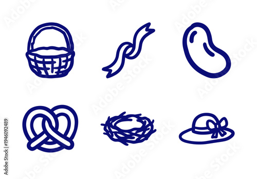 Hand-drawn Easter and spring elements in a rustic blue marker sketch style. Naive doodle illustrations of basket, nest, egg, and pretzel for festive branding.