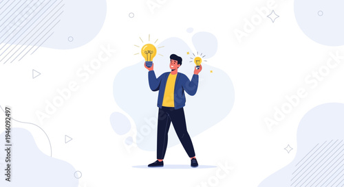 Man holding two light bulbs, representing ideas and innovation, with a modern abstract background.