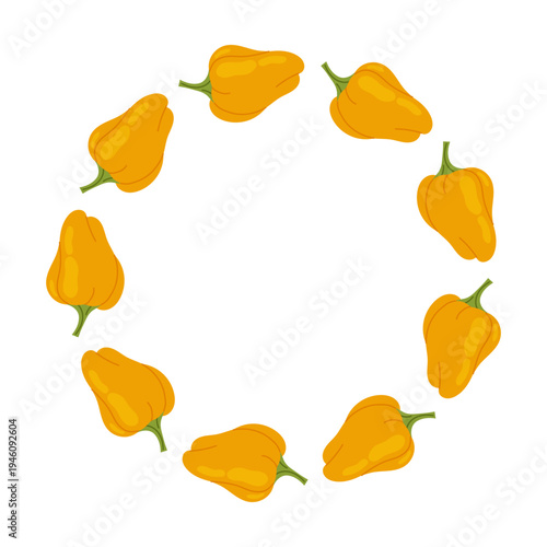 Border of yellow habanero peppers. Spicy vegetable frame isolated on white background for food labels, menu and packaging design.
