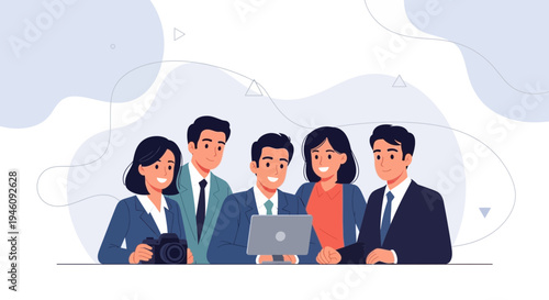 Diverse business team collaborating on a laptop in a modern office setting.