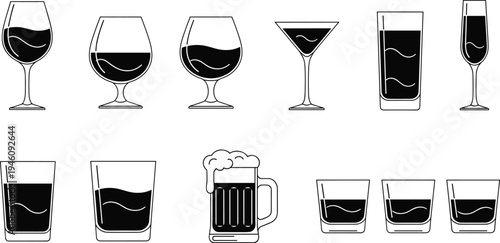 Comprehensive drinkware collection showing stemmed glasses, tumblers, and beer mug filled with dark liquid, ideal for hospitality and barware catalogs