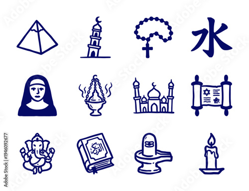 Hand-drawn religious and spiritual symbols in a naive marker sketch style. Rustic, crude blue ink doodles for global culture and faith-based branding.