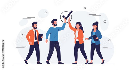 Teamwork success: people celebrating with checkmark, business concept, collaboration, achievement
