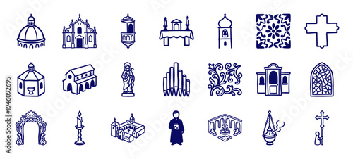 Hand-drawn religious architecture and catholic church elements in a rustic doodle style. Navy blue ink sketch illustrations for spiritual branding and parish materials.