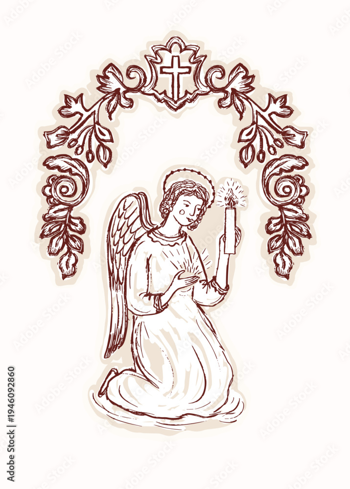 Obraz premium Hand drawn angel blessing with candle sitting. Christian floral cross arch. Isolated flat vector illustration for religious printale. First Baptism,holy week, wedding ,rememrance and funeral vigil