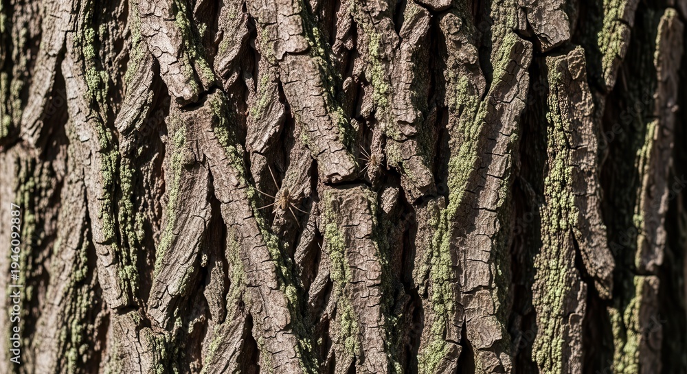 Obraz premium Detailed view captures the rough, textured surface of tree bark with visible organic growth.