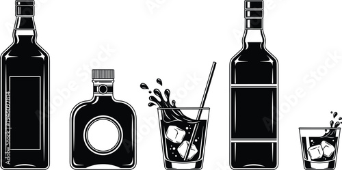 Title: High-contrast black and white illustration of assorted liquor bottles and glasses with dynamic splash, bold graphic composition for labels and menus