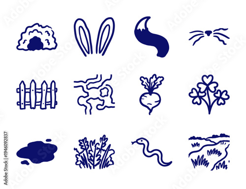 Hand-drawn organic nature and garden elements in a naive blue marker sketch style. Rustic meadow and wildlife doodles for natural brand identity.