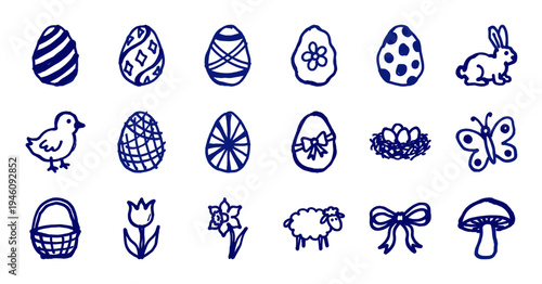 Hand-drawn Easter holiday elements in a naive marker doodle style. Blue ink sketch illustrations featuring decorated eggs, bunny, chick, and spring flowers.