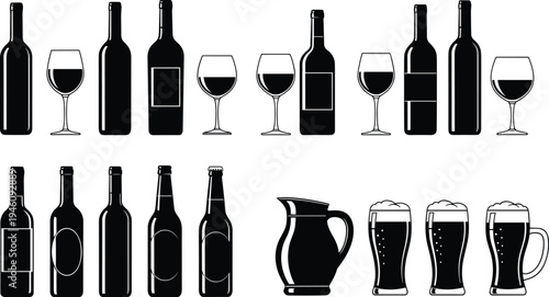 Black and white silhouette illustration of wine bottles, beer mugs, pitcher, and glasses, minimalist beverage design for hospitality branding