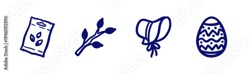 Hand-drawn spring and gardening elements in a naive blue marker sketch style. Rustic seasonal illustrations featuring seed packet, pussy willow, easter egg, and sun bonnet.