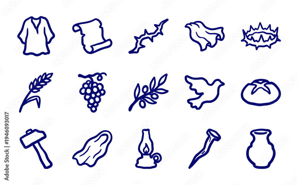 Fototapeta premium Hand-drawn biblical and easter symbols for religious storytelling. Rustic naive marker sketch illustrations featuring thorns, bread, and olive branches.