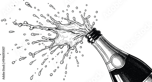 Black and white illustration of champagne bottle opening with cork and bubbles spraying, symbolizing celebration, party, and festive beverage themes