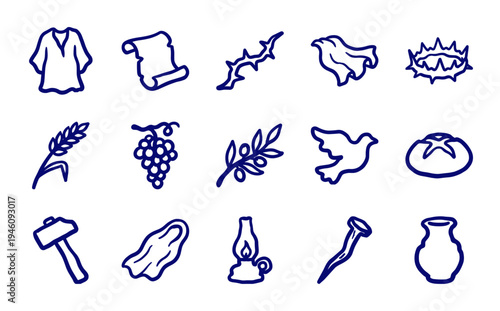 Hand-drawn biblical and easter symbols for religious storytelling. Rustic naive marker sketch illustrations featuring thorns, bread, and olive branches.