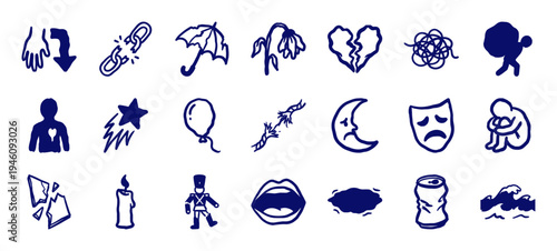 Melancholy and emotional distress hand-drawn doodles featuring sadness, loneliness, and heartbreak. Crude marker sketch illustrations for mental health awareness and expressive storytelling.