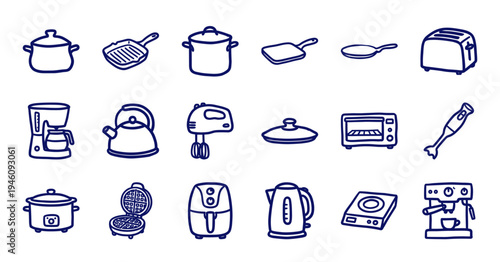 Hand-drawn kitchen appliances and cookware for rustic culinary branding. Naive marker sketch illustrations featuring domestic cooking tools and cafe equipment.