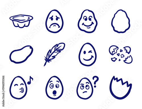 Hand-drawn egg characters and poultry farming elements in a rustic blue ink doodle style. Whimsical asymmetrical sketches of nests and shells.