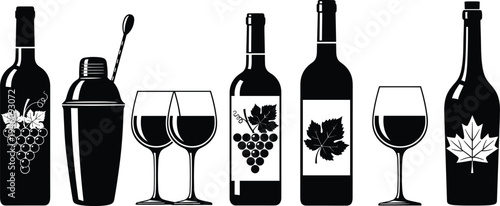Black and white silhouette illustration of wine bottles and glasses with grape and leaf designs, ideal for beverage, party, and hospitality themes