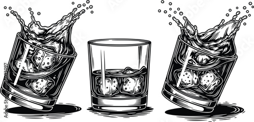 Black and white illustration of three glasses with ice cubes and splashing liquid, dynamic beverage artwork for party and hospitality themes