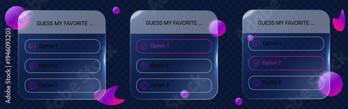 Glassmorphism mobile quiz ui kit with neon gradient interface screens. Modern futuristic app design templates with translucent cards, glowing buttons and dark tech background for UX presentation