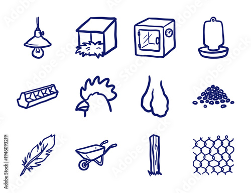 Hand-drawn poultry farming and backyard chicken coop equipment in a rustic doodle style. Naive marker sketch illustrations featuring aviculture tools.