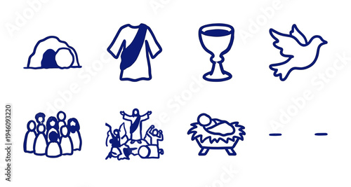 Hand-drawn Christian religious symbols and biblical motifs in a naive blue marker sketch style. Rustic, crude spiritual elements for church branding and faith-based design.