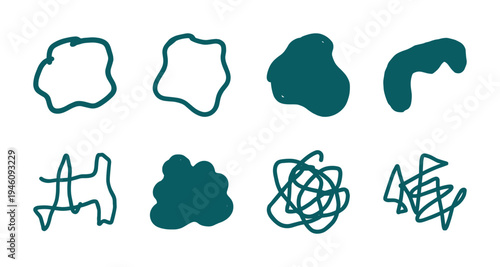 Abstract organic blob shapes and messy ink scribbles for experimental branding. Teal hand-drawn aesthetic featuring fluid forms and chaotic line art.