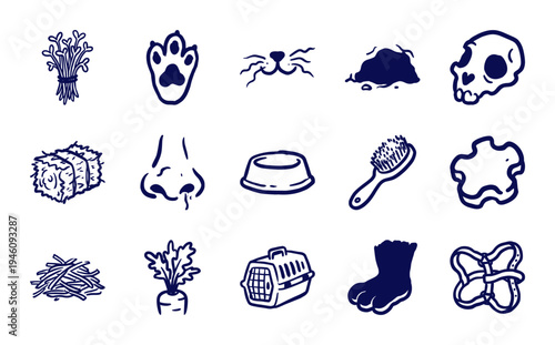 Hand-drawn pet care and veterinary elements for organic brand identity. Rustic, naive marker sketch illustrations featuring domestic animal care concepts.