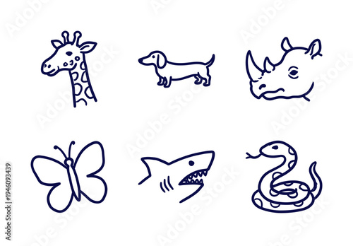 Hand-drawn wild animal and pet doodles for organic branding. Naive marker sketch illustrations featuring rhino, dog, giraffe, shark, snake, and butterfly.