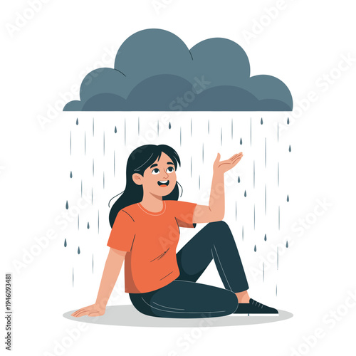 A cartoon woman sitting under the rain, smiling and carefree on a white background